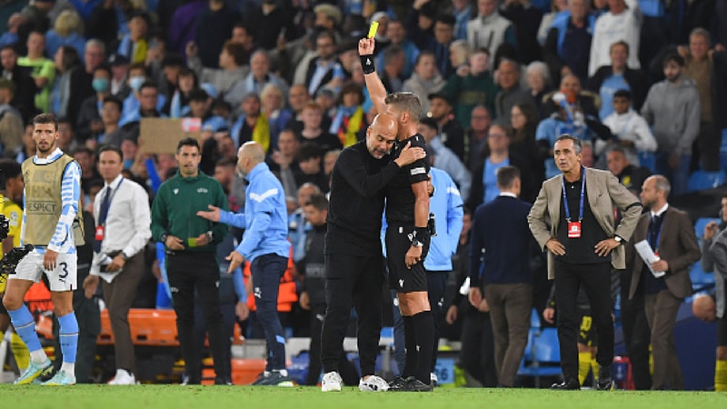 watch: pep guardiola's hilarious reaction after being booked in manchester city's win over dortmund