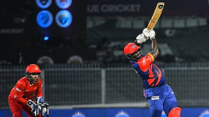 legends league cricket 2022: west indies bowler belts blistering 41-ball ton riding on nine sixes against gujarat giants